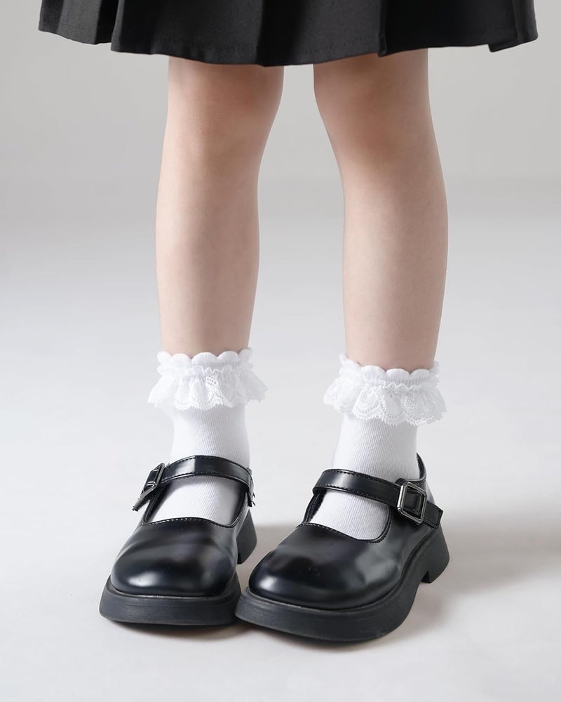 Funjoon 4T-10Y Girls White Ruffle Socks Lace Frilly Dress Cotton School Uniform Crew Socks for Toddler Little Girls 6 Pack - Image 5